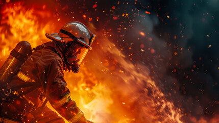 Close-up of a young firefighter extinguishing a strong flame on a mission. Rescue, danger concept.