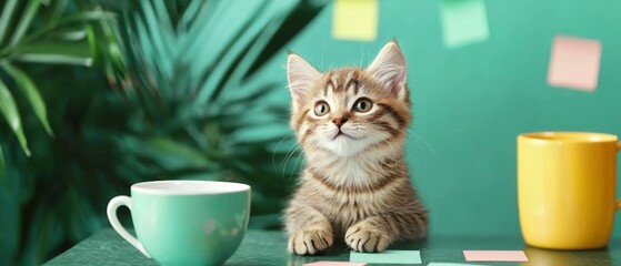 Inviting Workspace with Adorable Cat Surrounded by Notes and Quotes