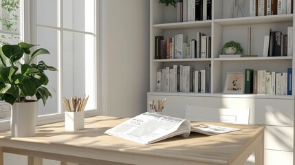 Fototapeta premium Light oak desk with a white bookcase, open newspaper with cartoon characters spread