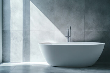 Minimalist bathroom with gray wall tiles and a white bathtub, sunlight shining through the window, creating soft shadows on the gray surface of the tub. A sleek, modern faucet adds an elegant touch.