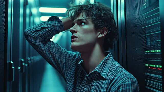 View of an unidentified guy technician at a data center handling a server rack issue while gripping his head