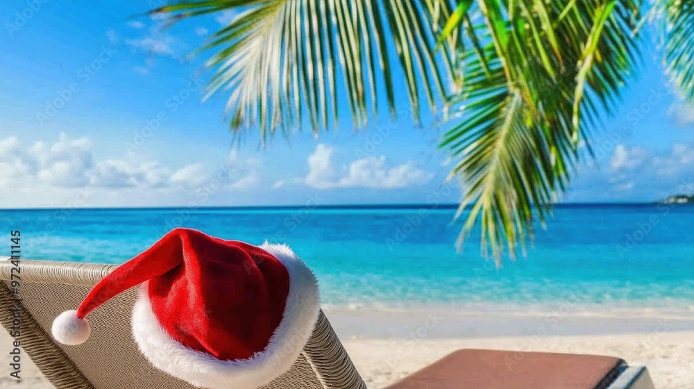 Wall mural a red santa hat is placed on a beach lounger, and palm leaves hanging from above in front of blue oc