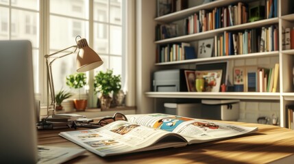 Light wood desk and white bookshelf, newspaper open to a section with animated
