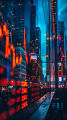 Virtual digital screen with red graphs against the backdrop of a large metropolis. Business, development concept.