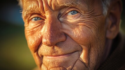 Gentle Wisdom - Close-up Portrait of Elderly Man Embracing Golden Hour Light with Kind Smile and Wrinkled Features