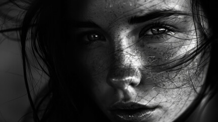 Fototapeta premium Close-up of a beautiful woman with flowing hair on a plain background. Black and white photography. Beauty concept. Lifestyle.