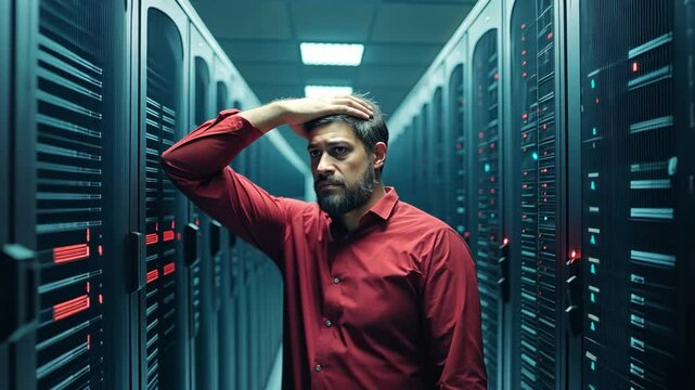 View of an unidentified guy technician at a data center handling a server rack issue while gripping his head