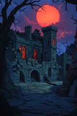 Fototapeta premium A Ruined Stone Castle under a Blood Moon