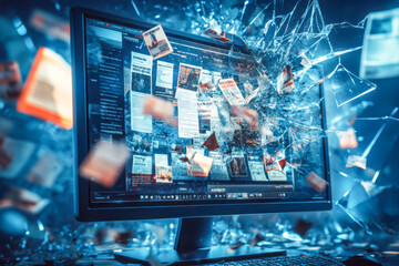 Computer screen shattering with exploding news articles, symbolizing information overload, digital disruption, and media chaos