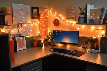 A Cozy Home Office Desk Decorated With String Lights