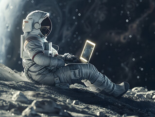 An astronaut in a spacesuit sits on the surface of the moon. Neural network AI generated art
