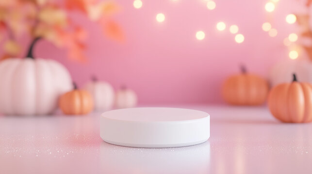 White podium on a pink background with pumpkins and bokeh lights. Minimal autumn product presentation scene.