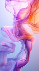 Fototapeta premium A vibrant swirl of ethereal smoke-like forms in hues of purple, pink, and orange, creating a dreamy and fluid abstract composition against a soft blue background