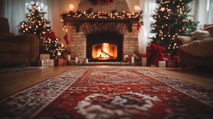 Christmas home room with tree and fireplace and festive bokeh lighting, blurred holiday background.  Cosy home Xmas banner concept with bonfire. With copy space for text