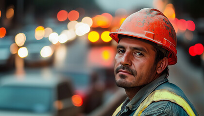 Fototapeta premium A construction worker taking a break on the side of a busy road