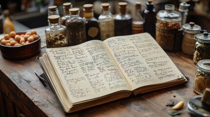 Open book filled with handwritten notes and jars of ingredients.