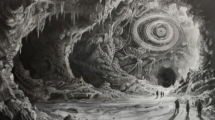 Highly Detailed Black and White Ink Drawing of Underground Cave Walkway.