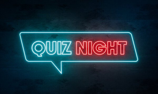 Quiz night. Illuminated neon sign in blue and red on a dark concrete wall. Leisure games, entertainment, puzzle, playing, fun.