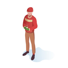A man wearing winter clothing holds a hot drink. The image is in an isometric style on a white background. Winter warmth concept. Vector illustration