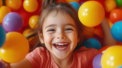 Obraz premium A little girl smiling in a ball pit filled with colorful balls, AI
