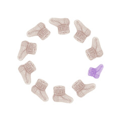 9 crocheted white socks for newborns and 1 purple Lying around as a symbol of the statistics on the birth rate of premature babies.Watercolor clip art isiolated without background