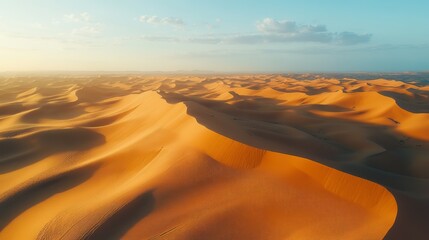 A vast desert landscape with rolling sand dunes, bathed in warm sunlight under a clear blue sky, showcasing the beauty and tranquility of nature