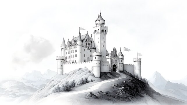 An old engraving-style illustration of a grand castle perched atop a hill, complete with turrets and banners