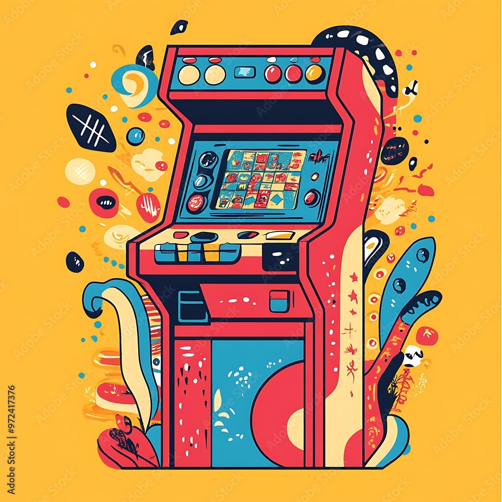Poster Retro Arcade Game Cabinet with Colorful Abstract Background