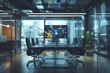 Virtual meetings, advanced holographic conferencing, seamless communication, sleek design