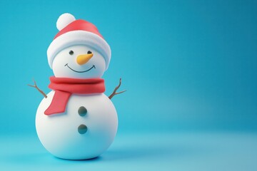 Smiling snowman with red hat and scarf on light blue background