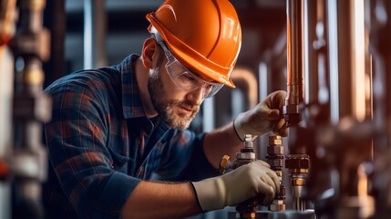 Worker in hard hat adjusting machinery in industrial setting. Focus on manual labor and technology.