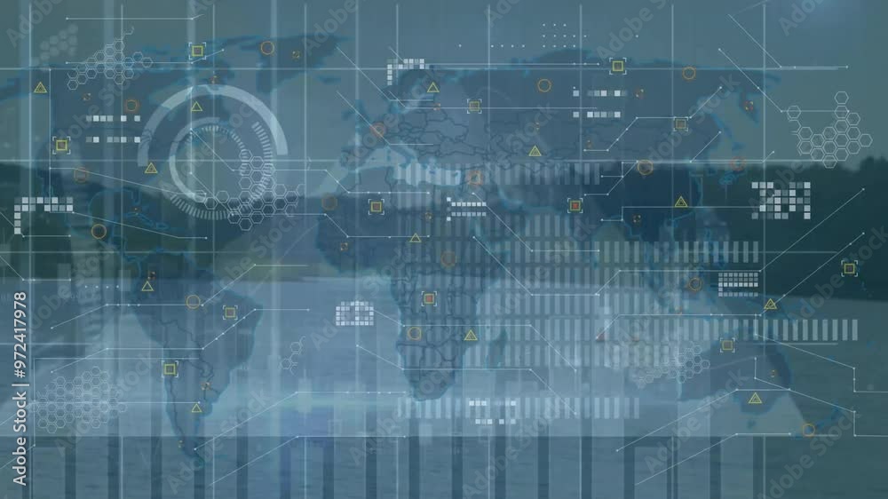 Poster animation of diagram with world map and data processing over landscape