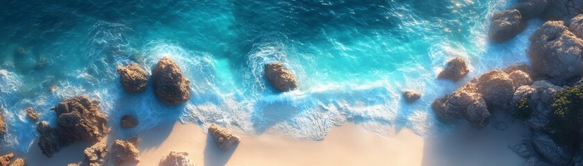 A breathtaking aerial view of a serene beach with clear turquoise waters, gentle waves, and scattered rocks along the shore, creating a peaceful coastal atmosphere