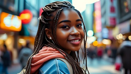 Vibrant closeup of a smiling young African girl with braided hair, capturing the energy of a bustling city street during the day