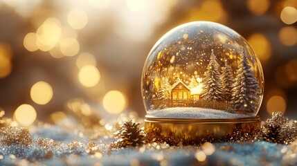 Golden snow globe with a festive scene inside, surrounded by gold glitter that swirls beautifully when shaken. 4K hyperrealistic photo.