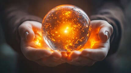A glowing orb held in hands emits swirling gas and light in a dimly lit setting, capturing the essence of cosmic energy
