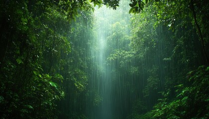 Naklejka premium Lush Green Forest Under Heavy Rainfall