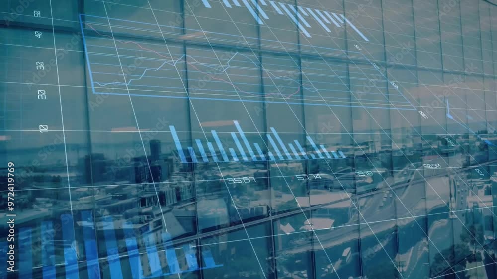 Poster animation of diagrams and data processing over cityscape