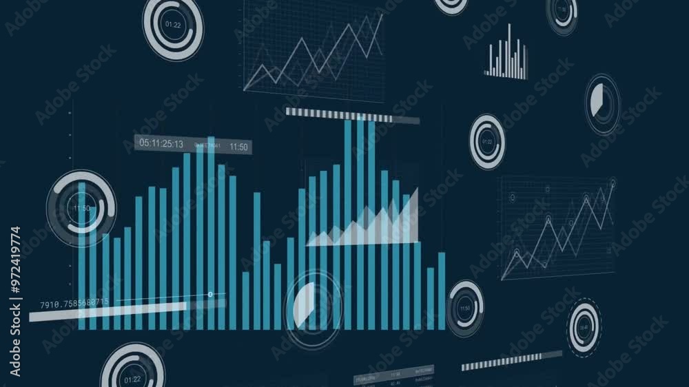 Poster animation of diagrams and data processing over black background