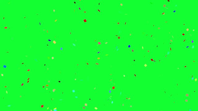 Animation of colorful confetti paper falling down slowly on green screen. Birthday celebration party. 4K	