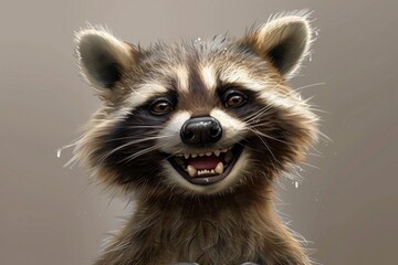 Close-up of a Happy Raccoon with Open Mouth and Glowing Eyes in Natural Light