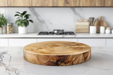 Modern Round Wooden Tabletop Ready for Display in Clean Kitchen.
