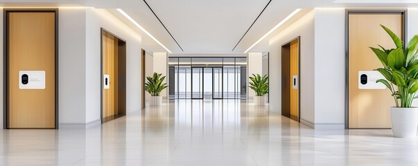 Obraz premium Modern hallway featuring elevators and vibrant plants, designed for a contemporary office or commercial building.