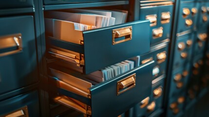 Filing Cabinet: A solid metal cabinet with multiple deep drawers for the secure organization and storage of valuable documents and files.
