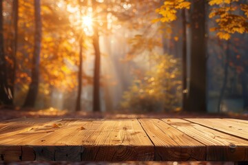 Empty Wooden Tabletop Surrounded by Blurred Autumn Scenery.