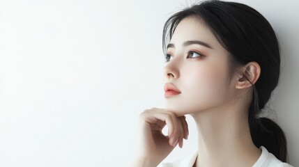 Minimalist shot of a Japanese female model in a thinking pose, white background with space