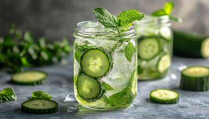 Cucumber and Mint Infused Water in Glass Jars