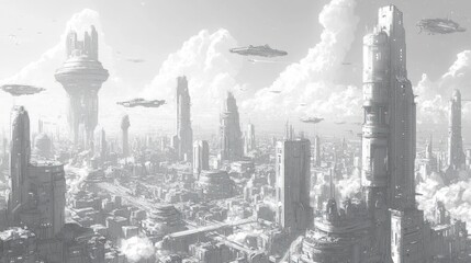 Futuristic cityscape with towering structures and hovering vehicles.