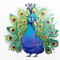 Peacock in Watercolor Style Isolated on White Background