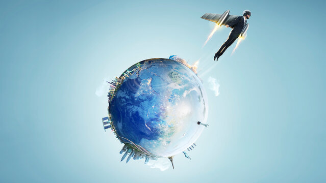 Businessman flying with jetpack around the earth with international landmarks - Powered by Adobe